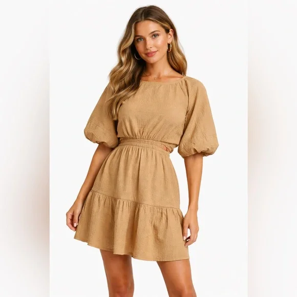 Madewell Seersucker Puff Sleeve Cutout Tiered Mini Dress XL Camel Tan NWT - Picture 1 of 10